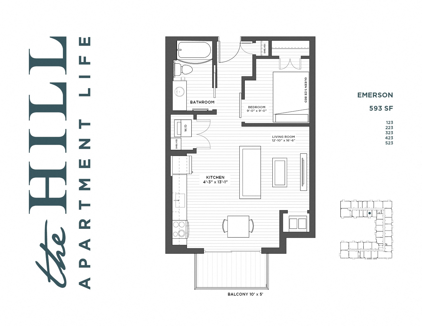 Floor plan for 1 bed, 1 bath, 593 sqft